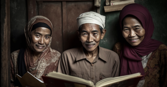 A diverse group of people holding books with smiles on their faces